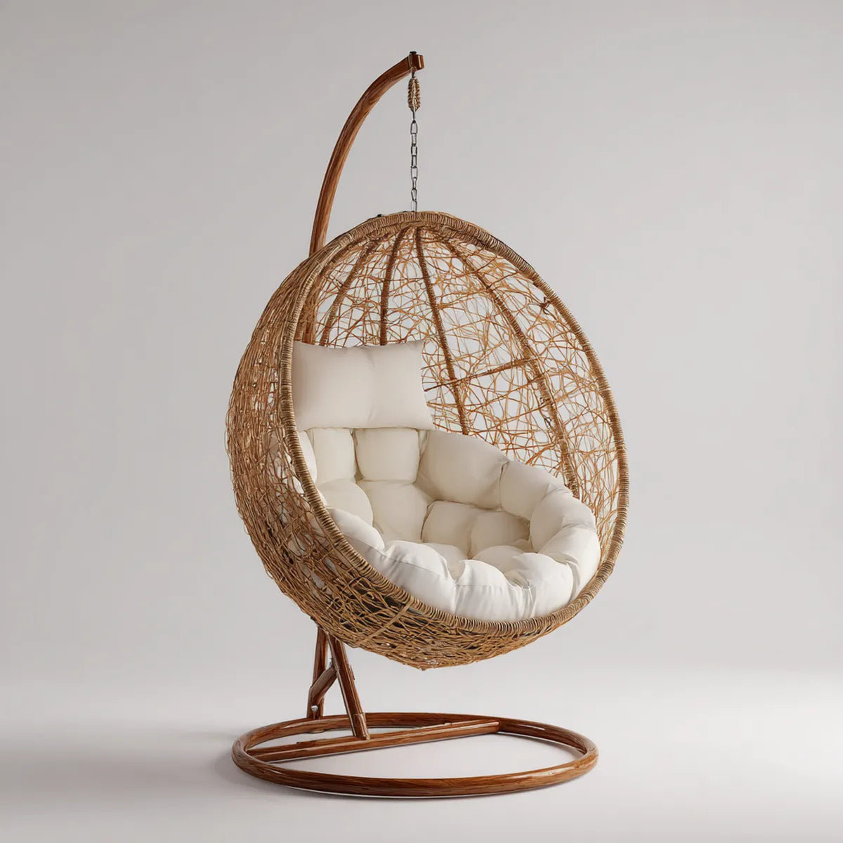 Hamak lub fotel wiszący, Brązowy naturalny rattan jaj wiszące fotel z beżową poduszką 105 x 95 x 195 cm