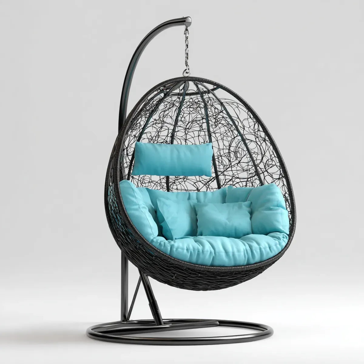 Hamak lub fotel wiszący, Czarny owalny ogród i turkusowy fotel 105 x 105 x 195 cm w stali i rattan PE z poduszkami poliestrowymi