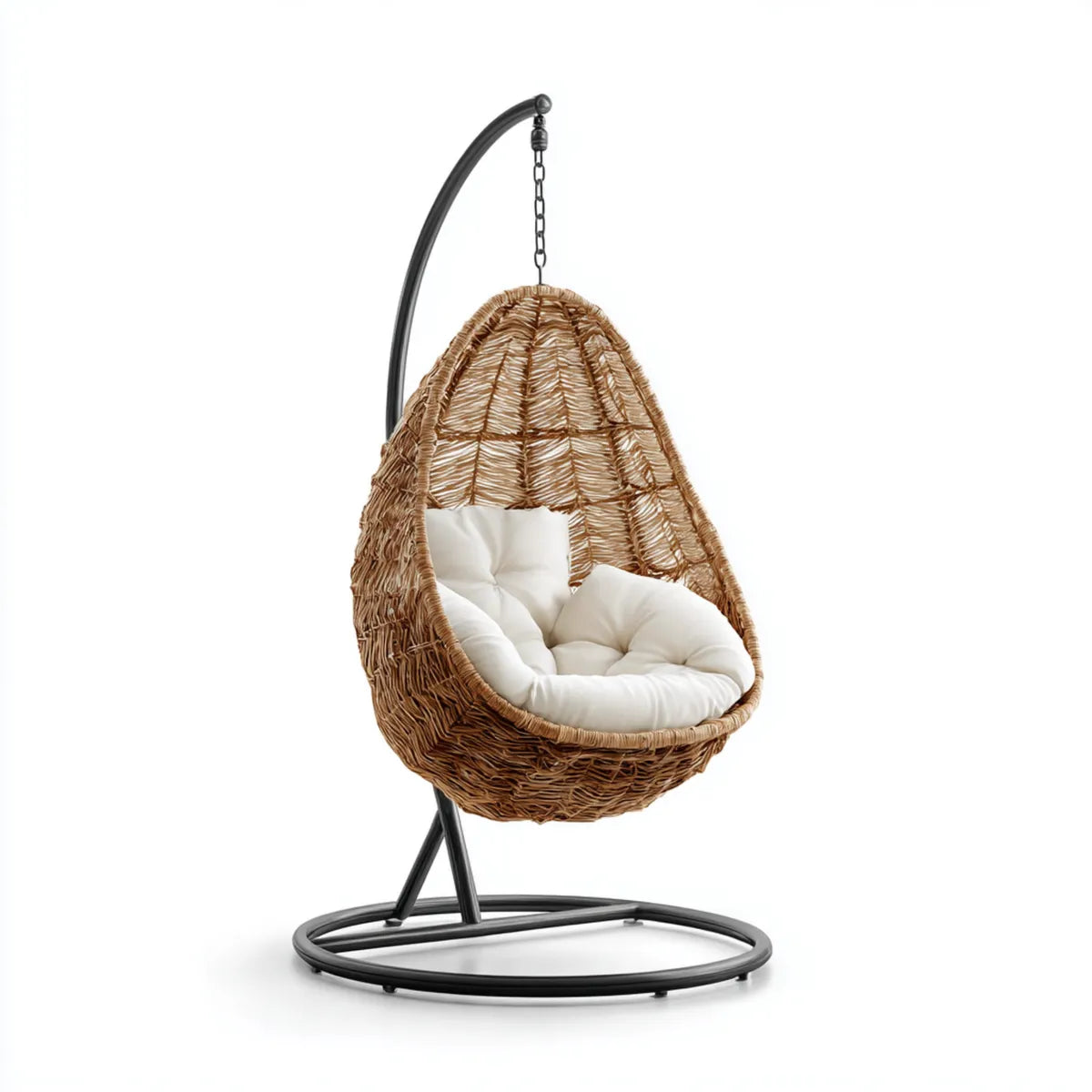 Hamak lub fotel wiszący, Brązowy i czarny ogród wiszące fotel z naturalną rattanową białą poduszką i owalne kształt stali 95 x 95 x 195 cm