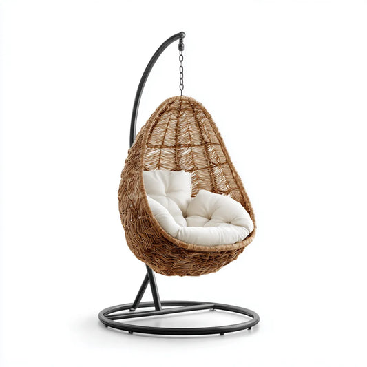 Hamak lub fotel wiszący, Brązowy i czarny ogród wiszące fotel z naturalną rattanową białą poduszką i owalne kształt stali 95 x 95 x 195 cm