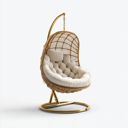 Hamak lub fotel wiszący, Zestaw zawiesi? cia fotel do naturalnego owalnego ogrodu i złota w rattan PE i stali 105 x 105 x 195 cm