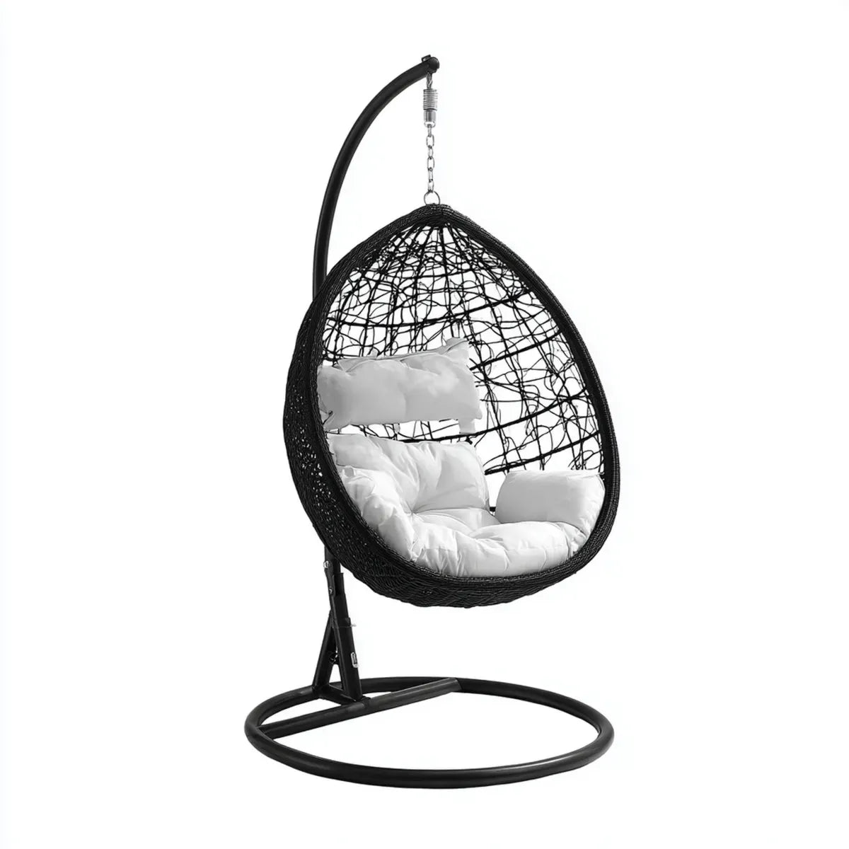 Hamak lub fotel wiszący, Czarny ogród z jaj wiszące fotel z białych poduszki w rattan PE i stali 95 x 95 x 195 cm