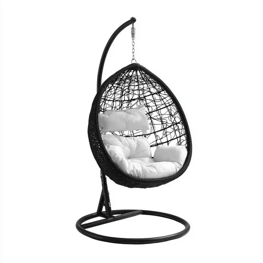 Hamak lub fotel wiszący, Czarny ogród z jaj wiszące fotel z białych poduszki w rattan PE i stali 95 x 95 x 195 cm