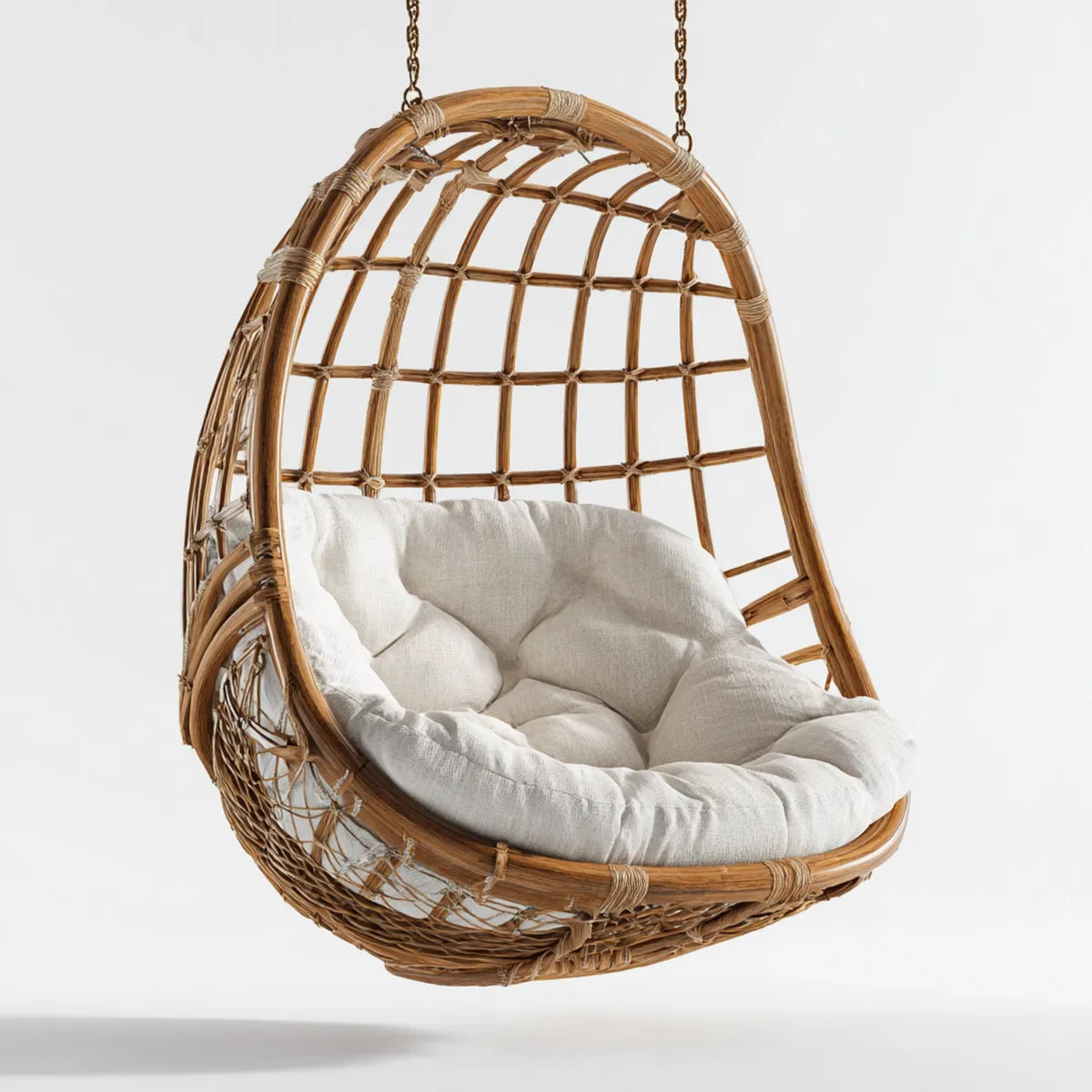 Hamak lub fotel wiszący, Brązowy naturalny rattan owalny wiszące fotel z białą poduszką 75 x 75 x 120 cm