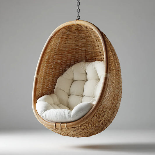 Hamak lub fotel wiszący, beżowy naturalny rattan owalne zawieszenie fotel z poduszką 100 x 85 x 120 cm