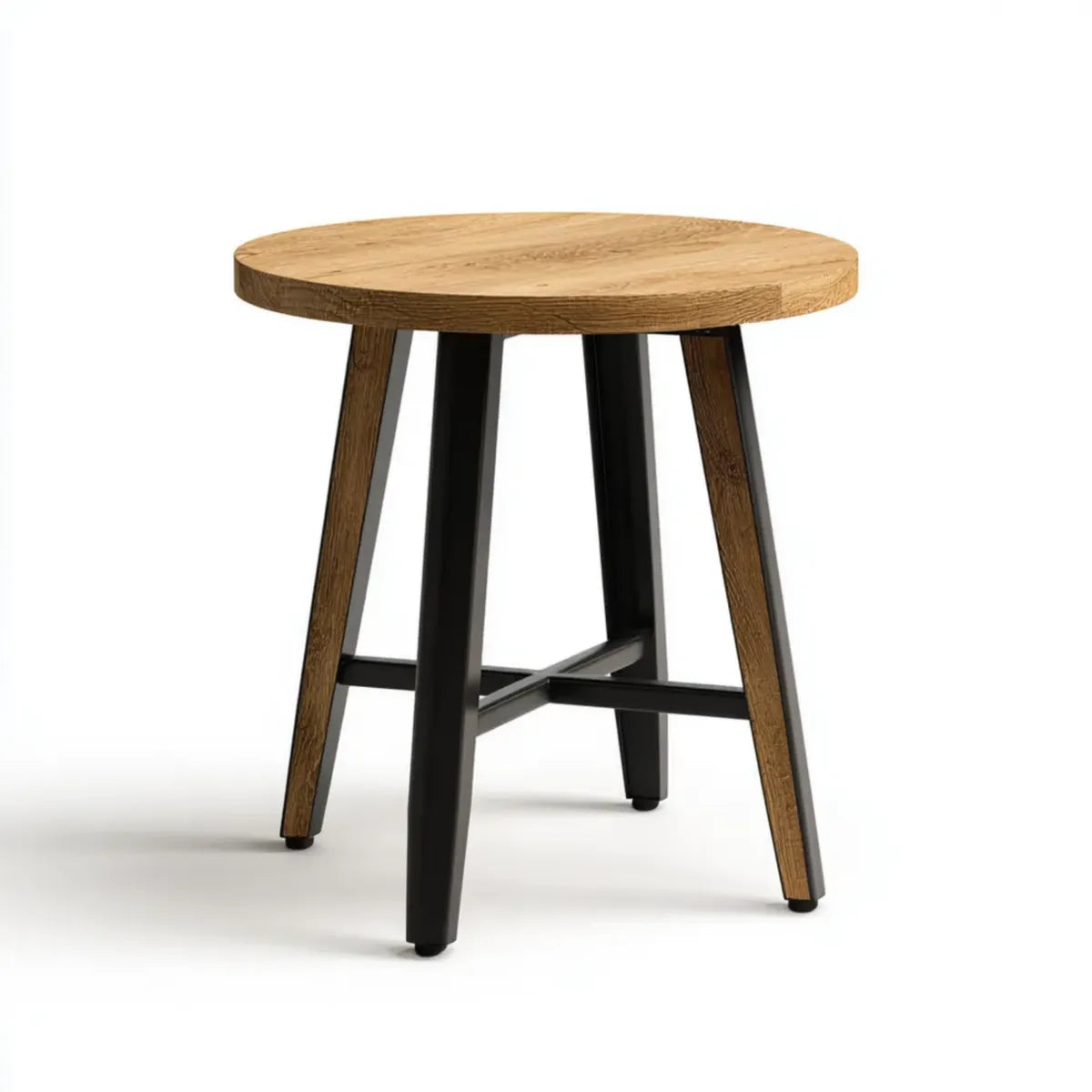 Stolik boczny wokół Dąb naturalny optyka stal czarna Ø 45 cm MDF 45 cm wysokość