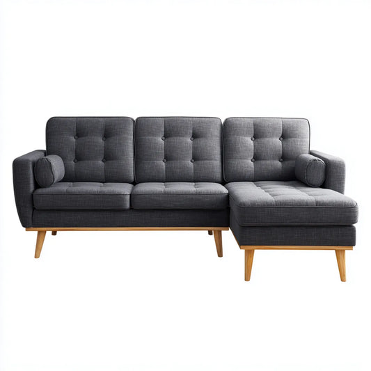 Sofa, Kanapa narożna z powrotem ciemnoszary 230 × 150 × 85 cm tapicerka poliestrowa litych stopów drewna kształt litery L
