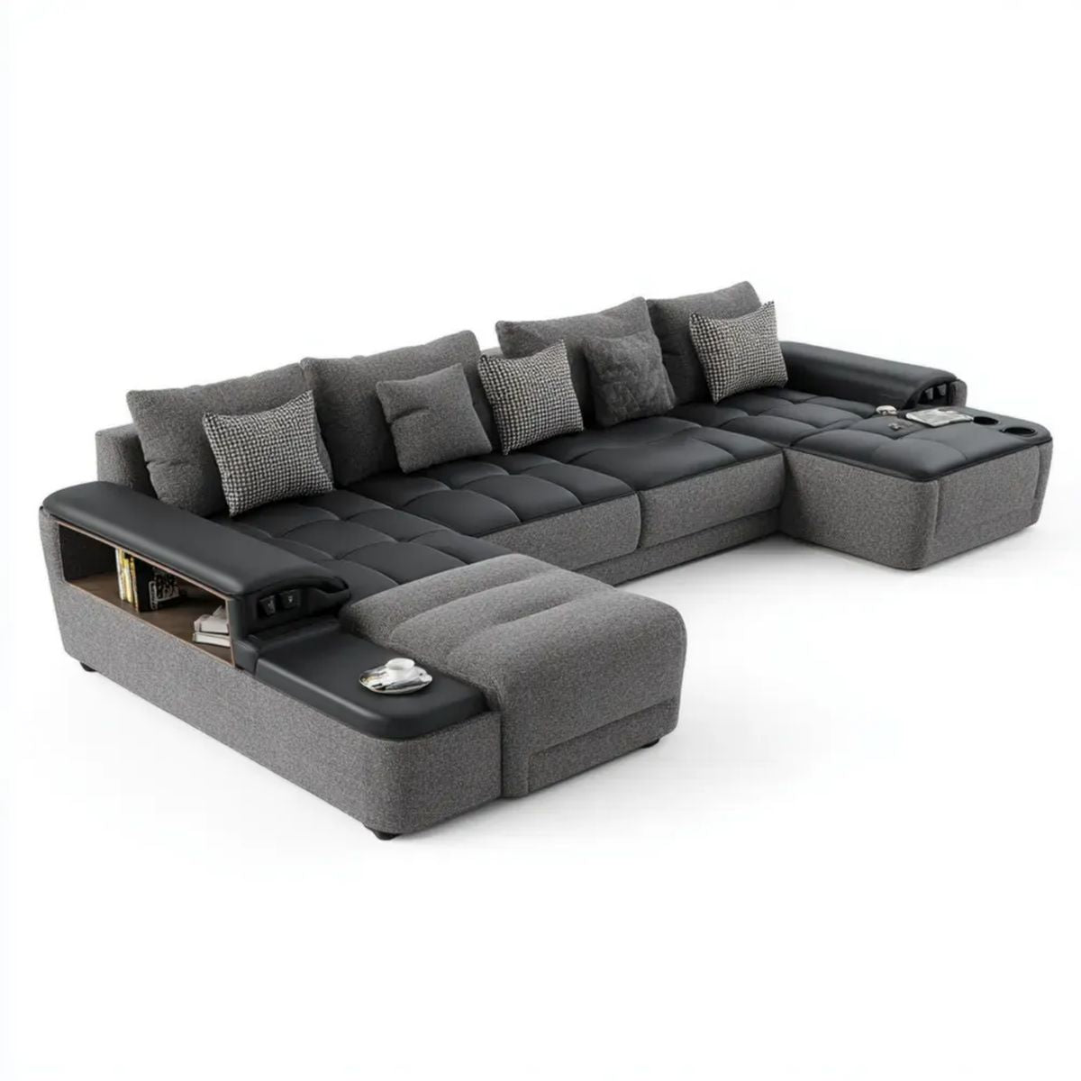 Sofa, Panoramiczny U 6 Czarna i antracytowa szara w poliestrze i PU, 330 x 190 x 85 cm