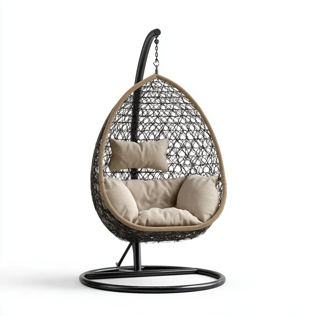 Hamak lub fotel wiszący, Wiszące krzesło z ramą Czarny Beżge 95 x 95 x 195 cm PE rattan stali owalne