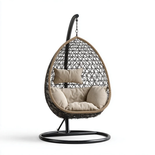 Hamak lub fotel wiszący, Wiszące krzesło z ramą Czarny Beżge 95 x 95 x 195 cm PE rattan stali owalne