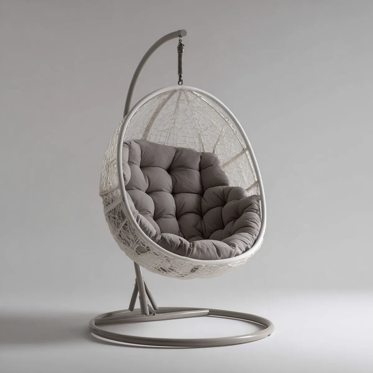 Hamak lub fotel wiszący, Białe i szare krzesło ogrodowe z tworzywa sztucznego, stalowe i rattan PE 105 x 105 x 195 cm