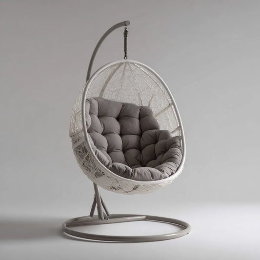 Hamak lub fotel wiszący, Białe i szare krzesło ogrodowe z tworzywa sztucznego, stalowe i rattan PE 105 x 105 x 195 cm