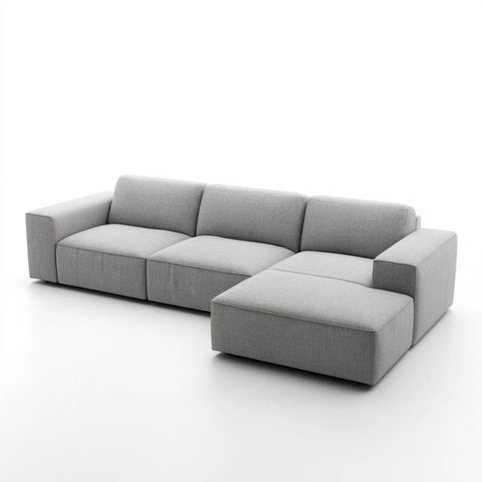 Sofa, 4-osobowa przezroczysty szary poliester sofa z szezlongiem na prawo, 300 x 170 x 85 cm
