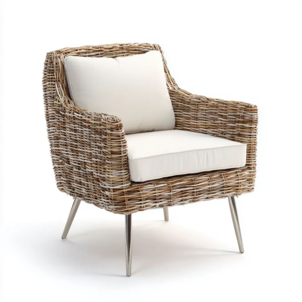 Fotel ogrodowy, Ogród Salon krzesełko w beżowym rattan, kremowy poduszki i srebrny metal, 76 x 78 x 82 cm