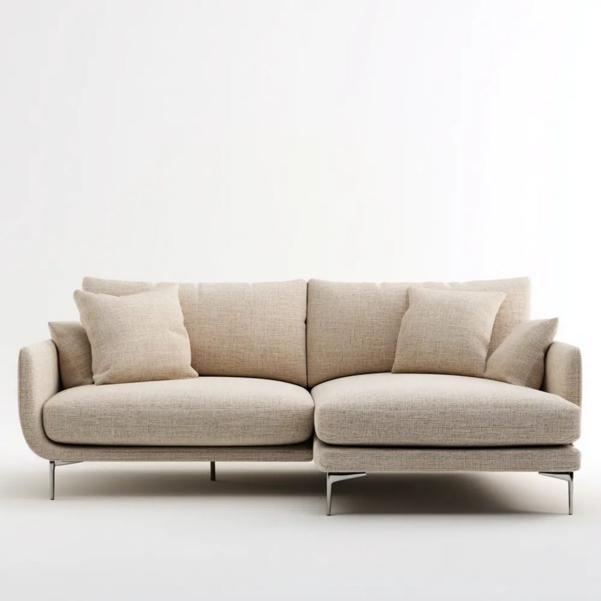 Sofa, Plaski fotel z płaską, prostą sofą 2 beżowe poliestrowe fotele z metalową nogą, 200 x 95 x 85 cm