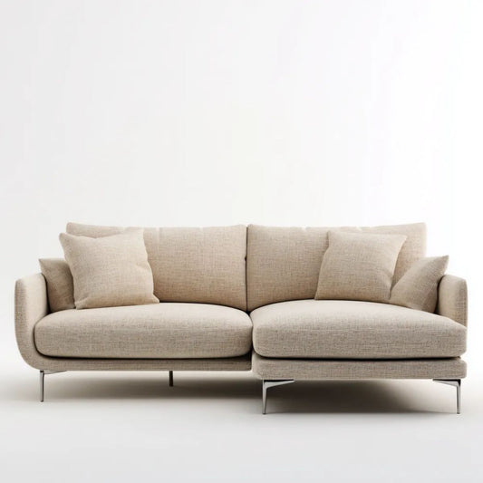 Sofa, Plaski fotel z płaską, prostą sofą 2 beżowe poliestrowe fotele z metalową nogą, 200 x 95 x 85 cm