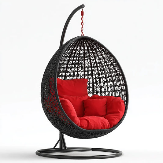 Hamak lub fotel wiszący, Czarny ogród z jaj wiszące fotel z czerwonymi poduszkami w rattan PE i stali 95 x 95 x 195 cm