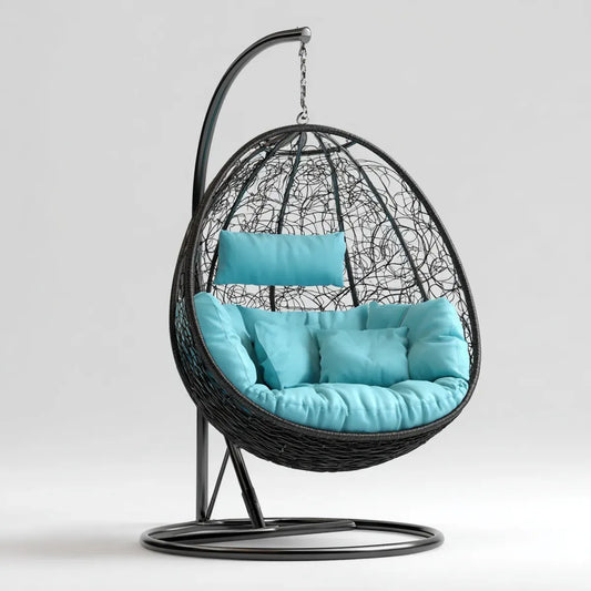 Hamak lub fotel wiszący, Czarny owalny ogród i turkusowy fotel 105 x 105 x 195 cm w stali i rattan PE z poduszkami poliestrowymi