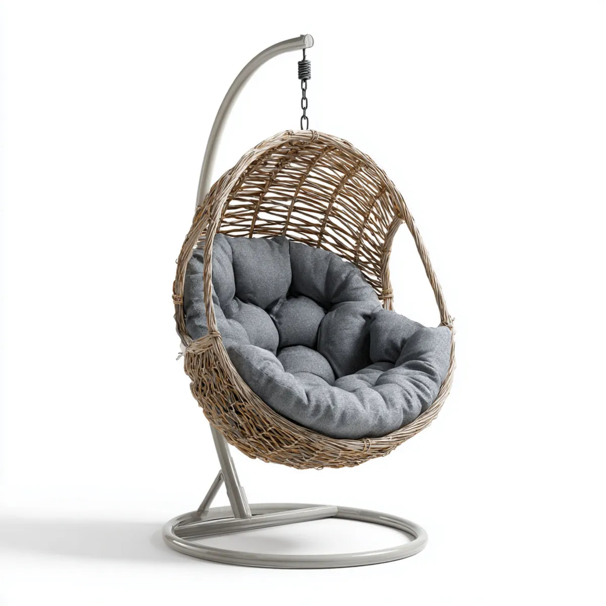 Hamak lub fotel wiszący, Szary i naturalny ogród wiszące fotel ze stali i rattan kształt owalny 105 x 105 x 195 cm