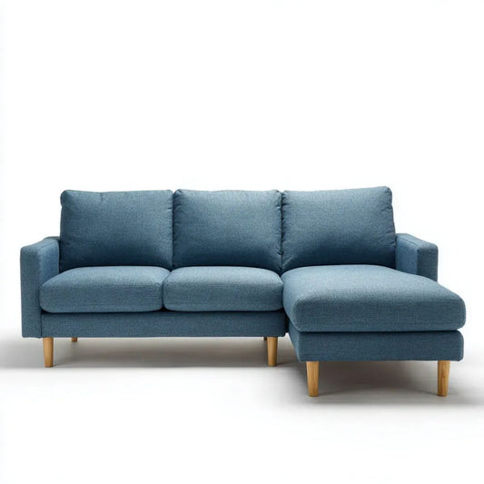 Sofa, 3-osobowa sofa w oleju solankowym niebieska tkanina z bursztynem i drewnianą nóżkami, 220 x 145 x 85 cm