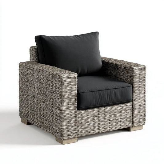 Fotel ogrodowy, Siatka na zewnątrz fotel na placu siwym syntetyczny rattan z czarnym poduszeczkami, 90 x 85 x 85 cm