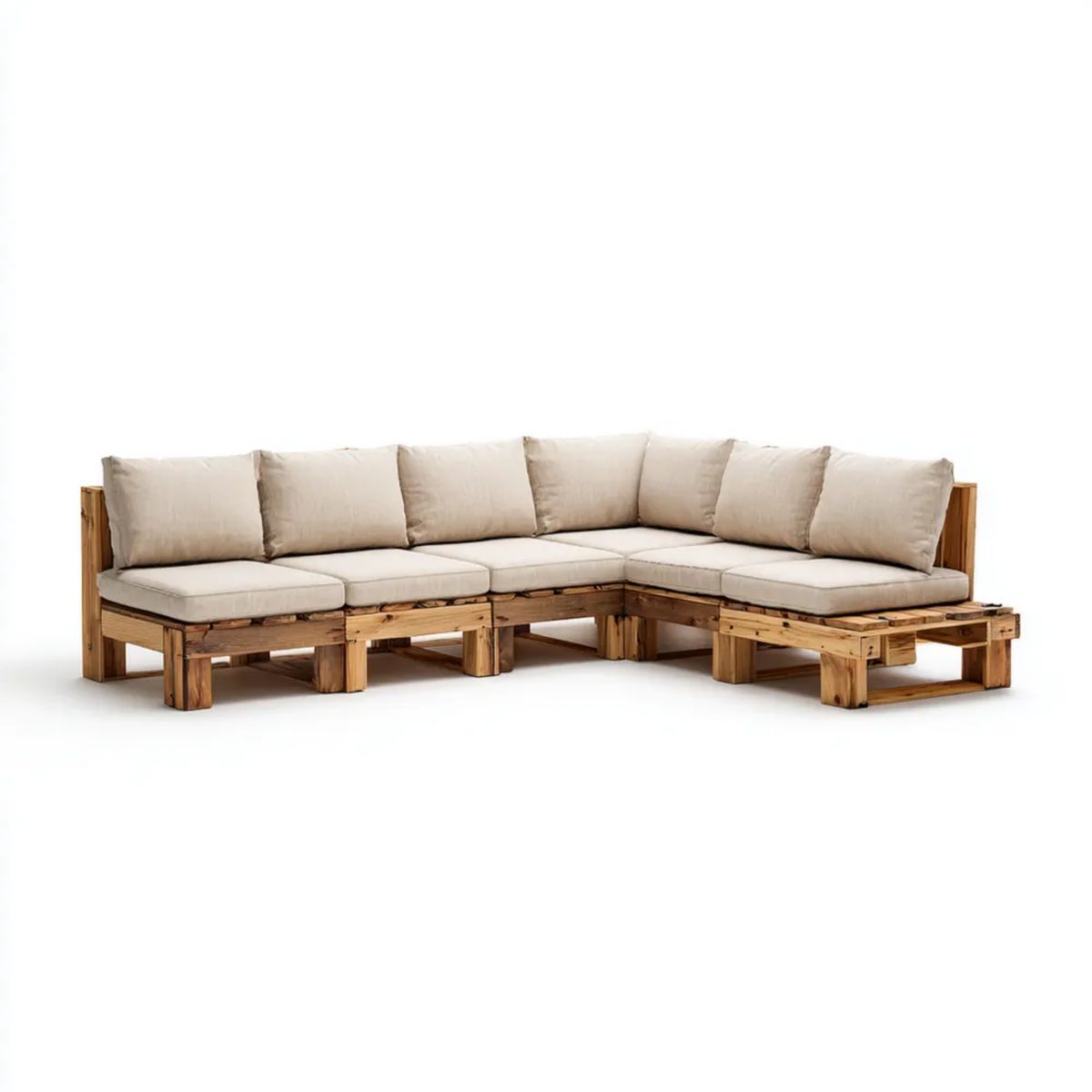 Sofa, Modułowa sofa z poduszkami, 6 foteli w beżu i brązowy litej lakierze, 280 x 210 x 75 cm