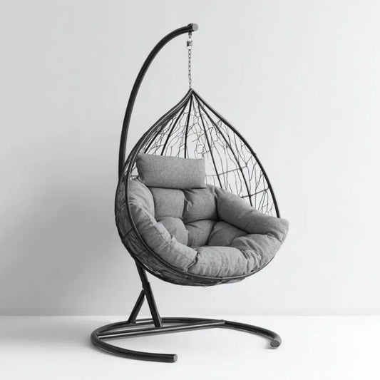 Hamak lub fotel wiszący, Szare i czarne jajka wiszące fotel 105 x 95 x 195 cm w stali i PE z poduszkami