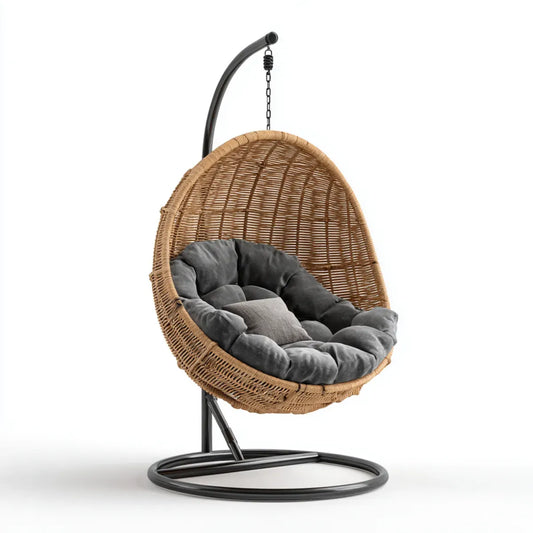 Hamak lub fotel wiszący, Naturalne rattan ogród wiszące fotel z czarnym podpórką i antracyt poduszki 196 x 105 x 110 cm